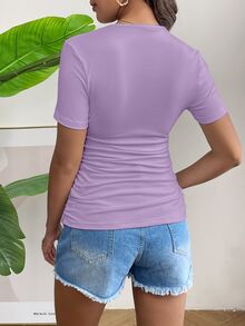 SHEIN Maternity Solid Color Pleated Casual Versatile Daily Short Sleeve T-Shirt - Purple - View 2