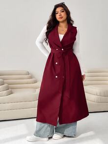 SHEIN EZwear 酒紅色休閒女款大尺碼雙排扣風衣外套 - 酒紅色 - 查看 3