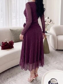 Feyla Women's V-Neck 3D Floral Decor Casual Elegant Party Dinner Date Diner Long Dress Wedding Dark Purple Autumn - Purple - View 3