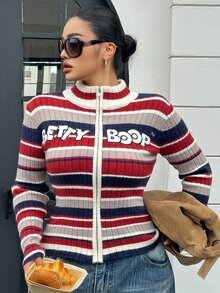 Betty Boop x DAZY Curve Contrast Color Patchwork Striped Letter Jacquard Long Sleeve Street Casual Slim Fit Blogger Autumn/Winter Sweater Cardigan - Multicolor - View 5