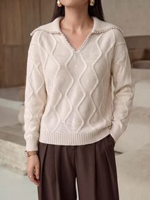 Mulvari Vintage Slouchy Loose Slimming Sweater Women Spring Autumn New Niche Design Large Lapel Knit Cardigan - Apricot - View 9