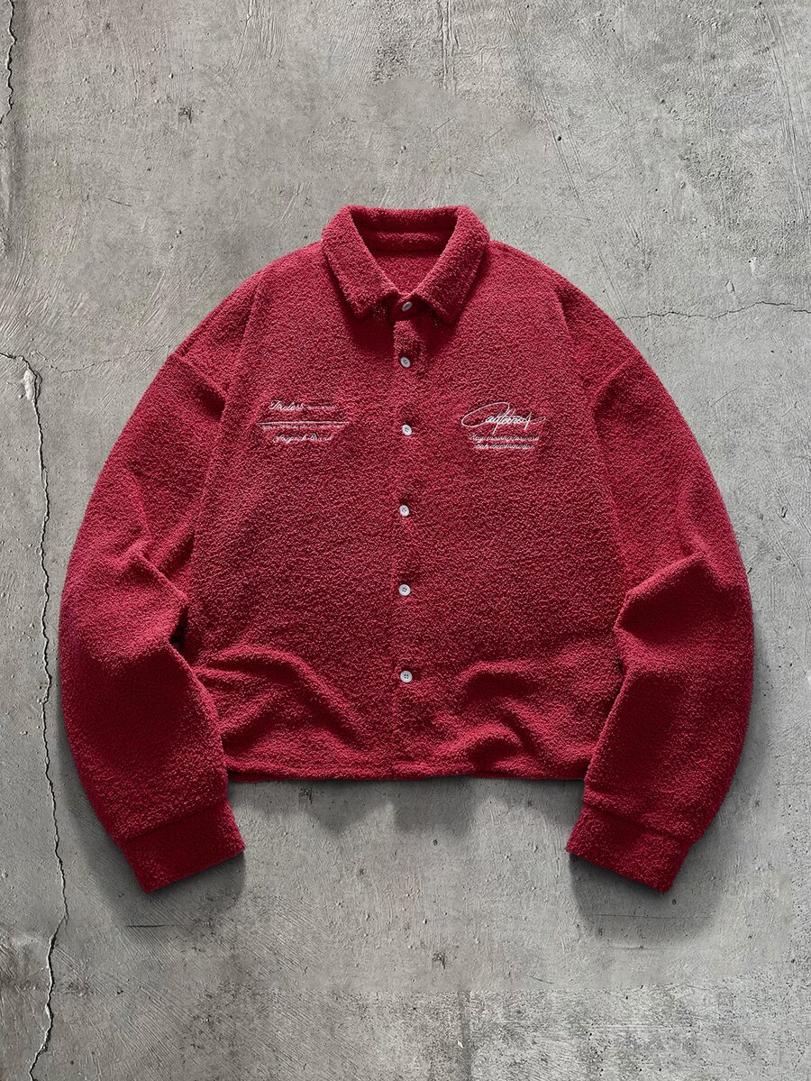 AXEPEAK Men's Letter Print Single-Breasted Casual Daily Long Sleeve Shirt - Burgundy - View 1
