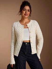 SHEIN BASICS Women's Solid Color Cable Knit Long Sleeve Button Up Casual French Basic Off-White Cardigan Work Office Brunch Outfits Autumn Back To School - White - View 4