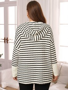 Rosumi Women's Plus Size Dropped Shoulder Long Sleeve Button Half-Placket Striped Hooded Patchwork Sweatshirt Autumn Formal Home Wear Black And White Casual - Black and White - View 4