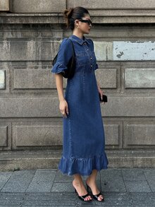 Strévra Women's Blue Denim Midi Dress With Turn-Down Collar, Button Pocket Decor, Cinched Waist And Ruffle Hem, Autumn - Blue - View 5