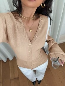 Siren Gaze Women's Solid Color Button-Front Fitted Waist Knit Cardigan, Casual Everyday Wear, Autumn/Winter - Camel - View 4