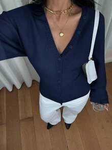 Siren Gaze Women's Solid Color Button Fitted Waist Knit Cardigan, Casual Everyday Wear, Autumn/Winter - Navy Blue - View 6