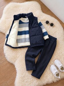 SHEIN 3pcs/Set Young Boy Autumn/Winter Cute Casual Versatile Fleece Lined Thick Vest Jacket, Khaki Striped Sweatshirt, Tracksuit Joggers Long Pants, Suitable For Indoor, Outdoor, Daily, Sports, Play, Party, Photo, Vacation, Holiday - Navy Blue - View 6
