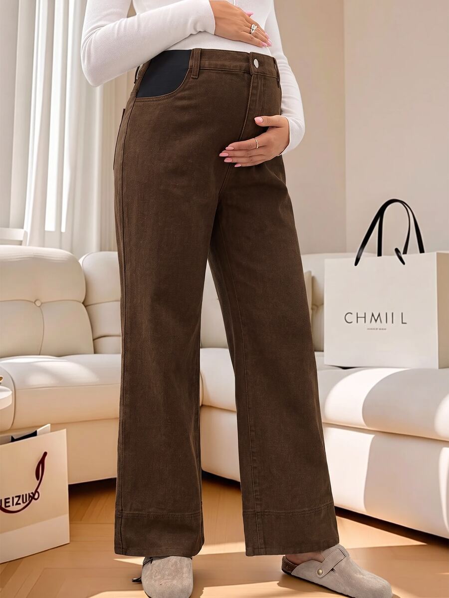 Boho Mama Maternity Casual Washed High Waist Jeans Cowgirl Outfits For Women Brown Pants - Brown - View 1