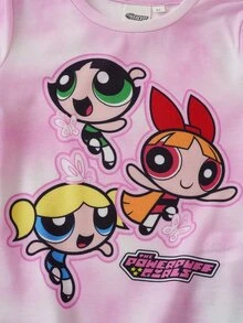 THE POWERPUFF GIRLS X SHEIN 少女卡通印花短袖T恤 - 粉色 - 查看 4