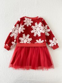 SHEIN 2件組幼女紅色雪花毛絨薄紗芭蕾裙毛衣洋裝，可愛甜美款，長袖圓領加厚冬季聖誕派對假日針織裙 - 紅色 - 查看 2