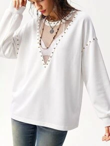 Bohemela 女款性感網紗拼接鉚釘長袖運動衫 - 白色 - 查看 10