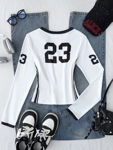 SHEIN 青少年女孩秋季時尚V領拼色字母與數字印花長袖T恤，修身剪裁，返校穿搭 - 黑與白 - 查看 2