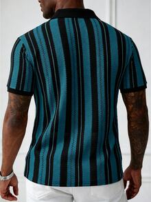 Manfinity CasualCool 男士休閒商務條紋設計 Polo 衫上衣，適合日常通勤穿著，休閒百搭 - 彩色 - 查看 2