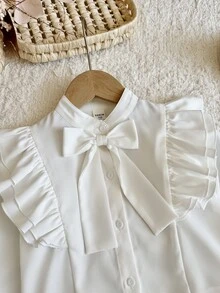 SHEIN Young Girl Woven Solid Color 3D Bow Stand Collar Ruffle Casual Shirt,White Tops,Back To School,Long Sleeve Tops,White Tops - White - View 2