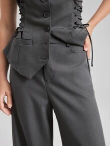 Ontre Women's Gray V-Neck Sleeveless Blazer And Straight-Leg Capri Pants, Urban Fashion Business Casual Office Work Wear, Elegant Commuter Suit Set Summer - Grey - View 8