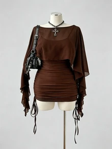 Sunspun Plus Size Spring/Summer Sheer Top & Slim Fit Drawstring Camisole Dress 2 Pieces Set - Coffee Brown - View 7