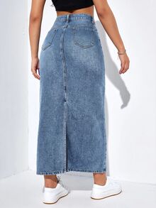 SHEIN EZwear 女款休閒百搭牛仔裙，附口袋、鈕扣與破洞設計 - 中等水洗藍 - 查看 2