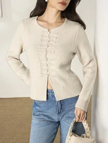 Heiryn Women's Solid Color Casual Versatile Daily Wear Long Sleeve Sweater - Apricot - View 3