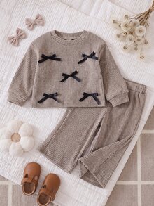 SHEIN 2件組女嬰休閒百搭時尚長袖上衣與長褲套裝，適合春、秋、冬日常穿著 - 卡其色 - 查看 6