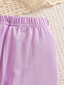 SHEIN Vintaside Kids 2件組新生女嬰杏色蝴蝶結豹紋圓領長袖荷葉袖抓絨內裡羅紋軟布料T恤＋彈性腰休閒粉色長褲，可愛時尚韓風甜美套裝，適合秋冬日常穿著、旅行、度假、派對及其他室內/戶外場合 - 紫色 - 查看 10