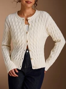 SHEIN BASICS Women's Solid Color Cable Knit Long Sleeve Button Up Casual French Basic Off-White Cardigan Work Office Brunch Outfits Autumn Back To School - White - View 5