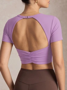 Activina Solid Color Backless Cropped Sports T-Shirt - Mauve Purple - View 1