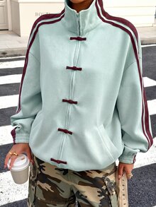 Muchica Women's Striped Contrast Color Frog Button Suede Knit Lightweight Jacket - Mint Green - View 4
