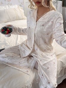 CottageSlumber Women's Cherry Print Gold Rhinestone Velvet Contrast Lace Pajama Set - Apricot - View 3