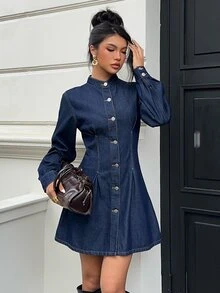 Siren Gaze Women's Long Sleeve Single-Breasted Casual Denim Dress, Fall Winter Elegant Denim Dress For Women, Stand Collar Mini Dress, Office Wear, Cute Dress. - Blue - View 3