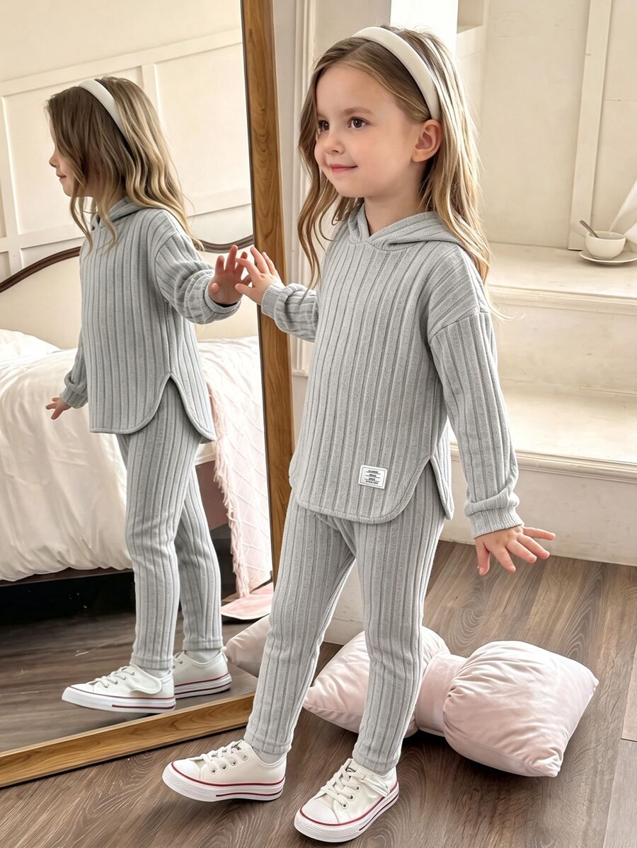 Elladie kids 女童新款灰色連帽長袖上衣與鬆緊腰休閒寬鬆軟針織長褲兩件套,春秋款 - 淺灰色 - 查看 1