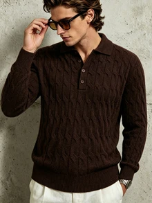 TONEVAULT Men's Cable Knit Polo Collar Long Sleeve Casual Sweater - Brown - View 1