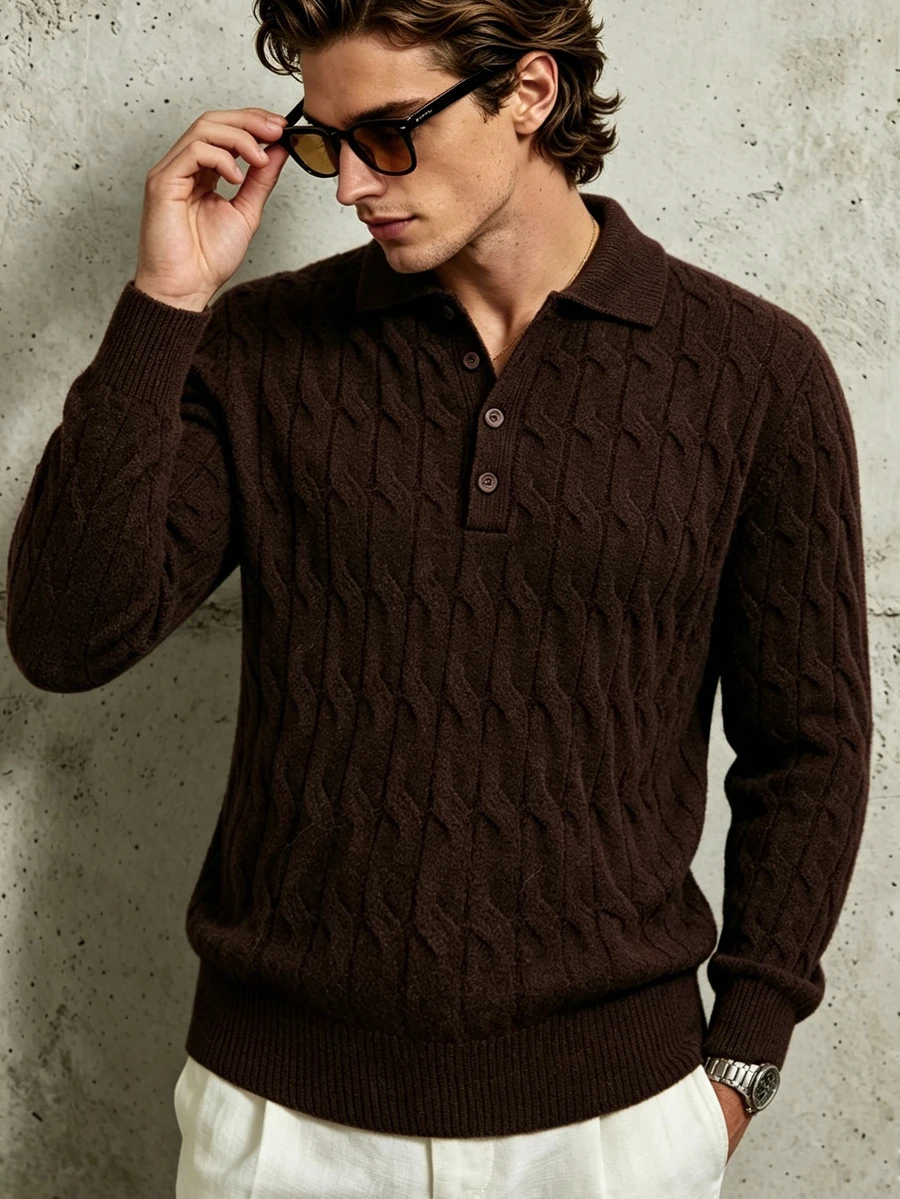 TONEVAULT Men's Cable Knit Polo Collar Long Sleeve Casual Sweater - Brown - View 1
