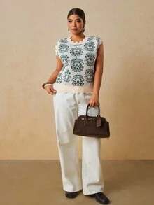 Travachic Atasan Rajut Wanita Ukuran Besar Motif Bunga Kasual Tradisional Serbaguna untuk Pakaian Sehari-hari Musim Panas Formal Liburan Warna Krem - MultiWarna - View 4
