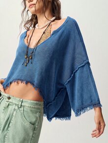 Bohemela 女款性感辣妹刷毛不對稱單肩毛衣 - 寶藍色 - 查看 7