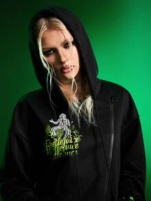 Beetlejuice X SHEIN Women's Fashion Zipper Letter Print Long Sleeve Hooded Sweatshirt - Black - View 4