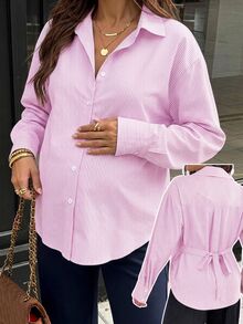 SHEIN Maternity Versatile Striped Single-Breasted Long Sleeve Shirt Fall - Pink - View 1