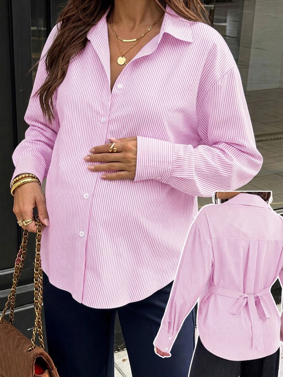 SHEIN Maternity Versatile Striped Single-Breasted Long Sleeve Shirt Fall - Pink - View 1