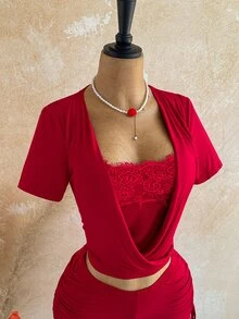 Soleia Women's Lace Patchwork Pleated Top And Tie-Up Shorts Sexy 2 Pieces Set - Red - View 7