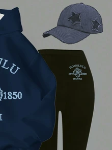 青少年女孩休閒極簡圖案字母花卉鈷藍色Pop寬鬆套頭帽顯式衛衣與內搭褲2件套，舒適長袖運動衫，溫馨秋冬風格，返校季時尚新款 - 彩色 - 查看 5
