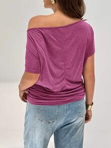 Shapeblank Plus Size Women Solid Color Asymmetric Shoulder Casual Versatile Daily Wear T-Shirt - Red Violet - View 2