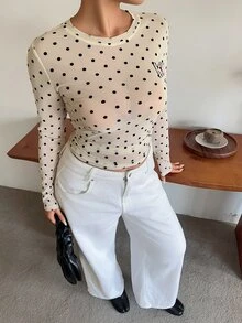 Betty Boop x DAZY Curve Plus Size Women Letter Print Polka Dot Fitted Versatile Base Layer Skin-Like T-Shirt, Spring/Autumn New Style - Beige - View 7
