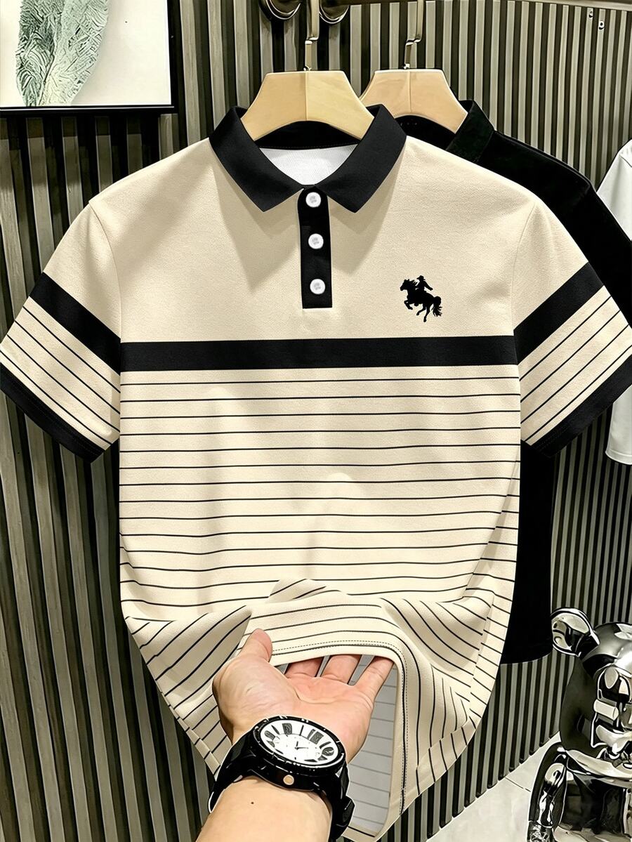 Manfinity Hypemode 男士對比色條紋短袖 Polo 衫,正式風,老錢風 - 彩色 - 查看 1