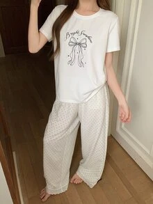 Dazy Kids 青少年女孩字母印花短袖T恤 + 格紋長褲 寬鬆休閒居家套裝 秋季 - 白色 - 查看 5