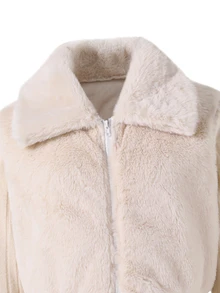 SHEIN Tween Girls Coat, Casual Fuzzy Patchwork Thermal-Lined Ribbed Fabric Jacket, Crop, Loose, Comfortable, Knit, Fall Clothes, Halloween, School - Grey - View 3