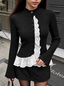 SHEIN PariChic Women's Autumn/Winter Solid Color Slim Fit Knitted Cardigan With Elegant Lace Patchwork, Open Front Sweater, Street Style Outfit - Black - View 1