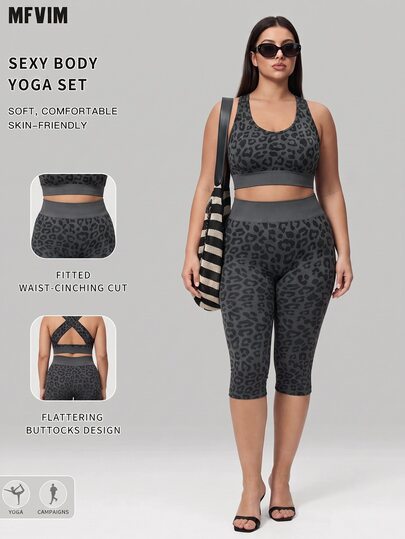 SHEIN Rhythm Era Setelan Olahraga Kasual Sehari-hari Wanita Ukuran Plus dengan Atasan Halter Motif Leopard dan Legging Pinggang Tinggi