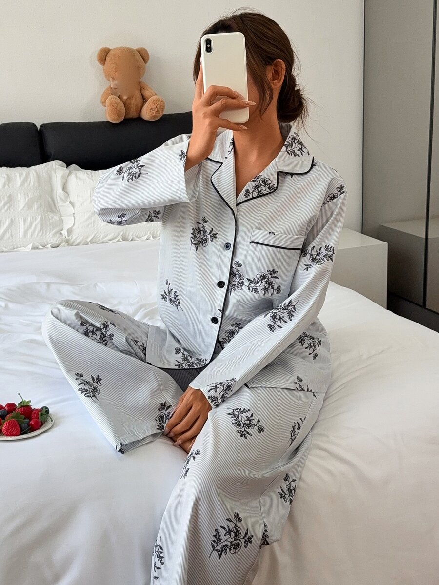 DAZY Women's Floral Print Long Sleeve Top And Pants Casual Daily Home Pajama Set Fall - Blue - View 1