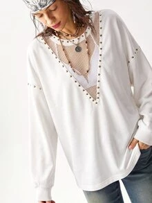 Bohemela 女款性感網紗拼接鉚釘長袖運動衫 - 白色 - 查看 7