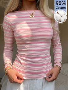 CovetEZ 休閒極簡風粉色不對稱條紋 95% 棉全印花女款圓領長袖 T 恤，適合初秋，百搭疊穿 - 彩色 - 查看 8